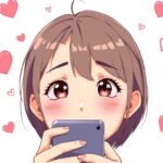 白い背景に、頬を赤らめながら携帯電話を見ている若い女性の画像。画像の周りにはハートがあり、アニメ風です。