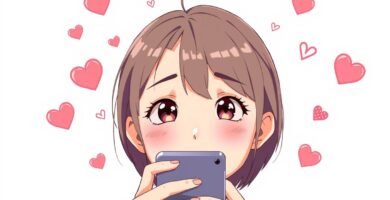 白い背景に、頬を赤らめながら携帯電話を見ている若い女性の画像。画像の周りにはハートがあり、アニメ風です。