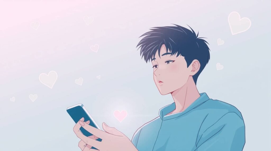 スマートフォンを見つめるアニメスタイルの若い男性と、その周りに散りばめられたたくさんのハートの画像。