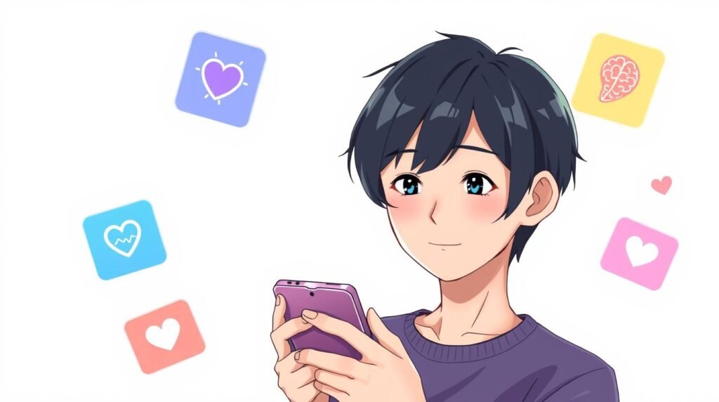 携帯電話をチェックしている若い男性の画像。背景は白で、画像の周囲にはさまざまな愛のシンボルがあります。