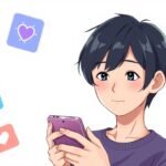 携帯電話をチェックしている若い男性の画像。背景は白で、画像の周囲にはさまざまな愛のシンボルがあります。