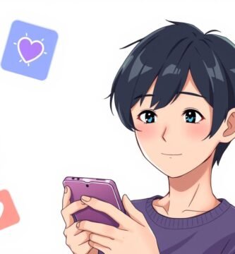 携帯電話をチェックしている若い男性の画像。背景は白で、画像の周囲にはさまざまな愛のシンボルがあります。