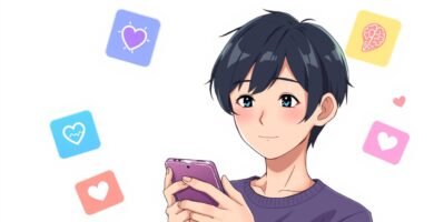 携帯電話をチェックしている若い男性の画像。背景は白で、画像の周囲にはさまざまな愛のシンボルがあります。