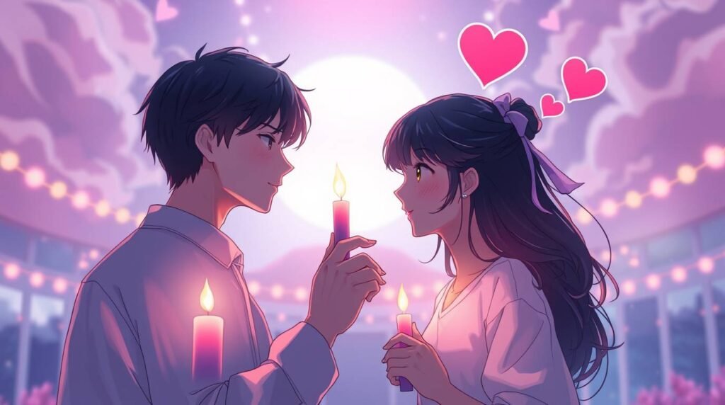 見つめ合う若い恋人同士のイラスト。背景はピンク色で、至る所にハートが散りばめられている。