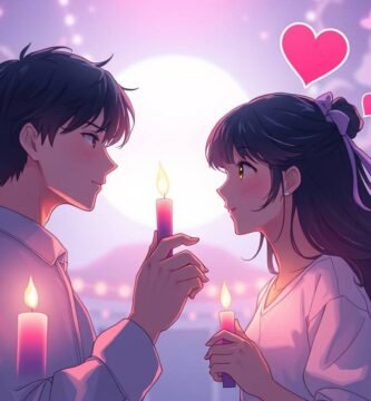 見つめ合う若い恋人同士のイラスト。背景はピンク色で、至る所にハートが散りばめられている。