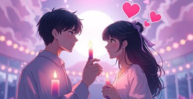 見つめ合う若い恋人同士のイラスト。背景はピンク色で、至る所にハートが散りばめられている。