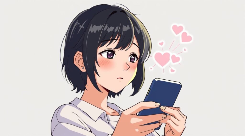 ほっぺを赤らめながら携帯電話でテストに答えている若い女性の画像。背景は淡いピンク色。アニメのような画像です。