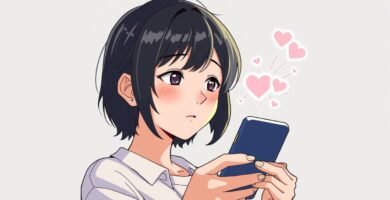 ほっぺを赤らめながら携帯電話でテストに答えている若い女性の画像。背景は淡いピンク色。アニメのような画像です。