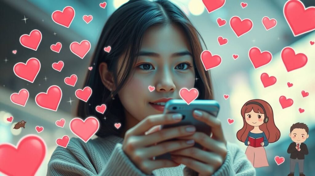 カップルとハートの漫画画像に囲まれて携帯電話をチェックしている若い女性のリアルなスタイルの画像。