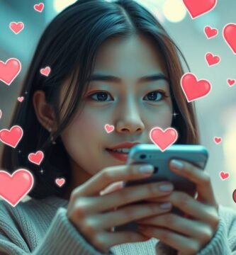 カップルとハートの漫画画像に囲まれて携帯電話をチェックしている若い女性のリアルなスタイルの画像。