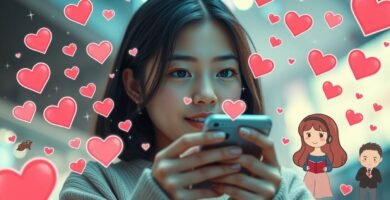 カップルとハートの漫画画像に囲まれて携帯電話をチェックしている若い女性のリアルなスタイルの画像。