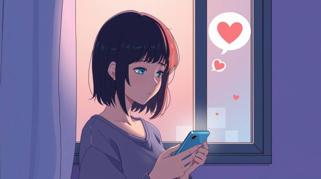 窓際のアパートで、悲しそうな表情で携帯電話を見つめる若い女性の画像。横にはハートマークが描かれている。アニメ風の画像である。