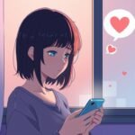 窓際のアパートで、悲しそうな表情で携帯電話を見つめる若い女性の画像。横にはハートマークが描かれている。アニメ風の画像である。