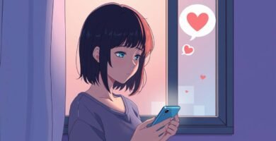 窓際のアパートで、悲しそうな表情で携帯電話を見つめる若い女性の画像。横にはハートマークが描かれている。アニメ風の画像である。