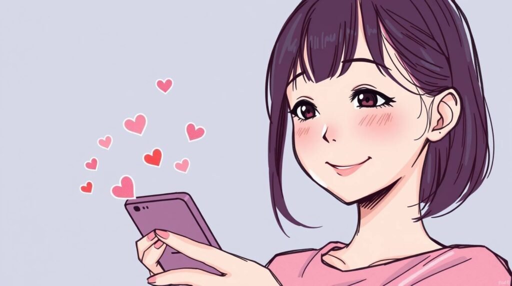 ハートが出てくる携帯電話を見ながら頬を赤らめて微笑んでいる若い女性の画像。漫画風の画像です。