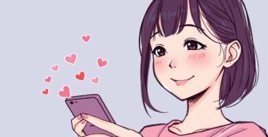 ハートが出てくる携帯電話を見ながら頬を赤らめて微笑んでいる若い女性の画像。漫画風の画像です。