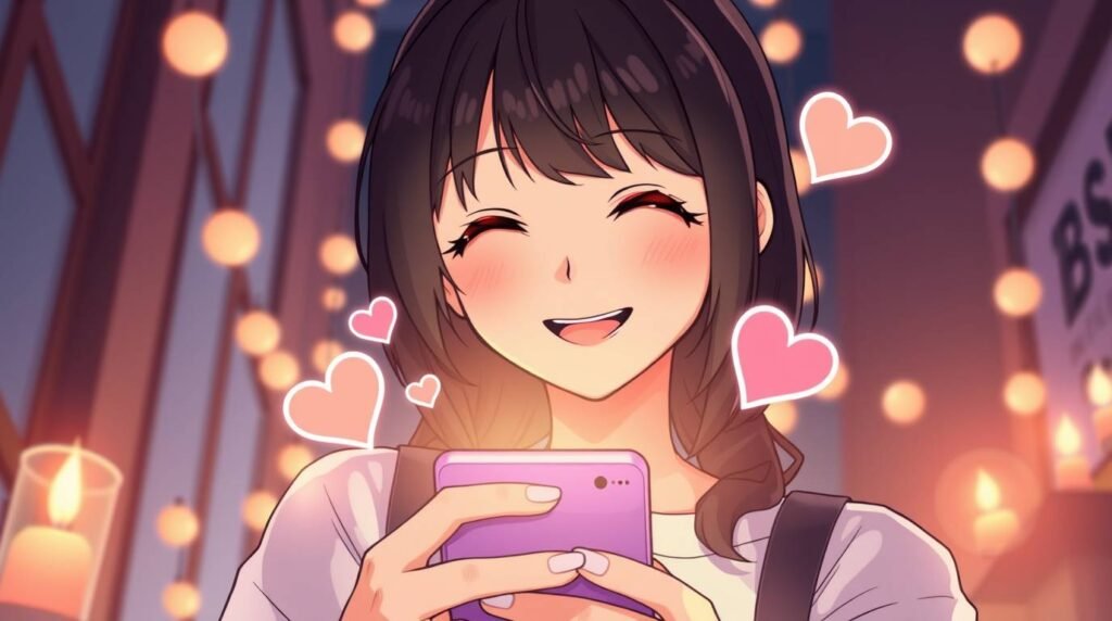 頬を赤らめ、携帯電話を見ながら微笑む若い女性の画像。周囲にはキャンドルとハートが浮かび、アニメ調の雰囲気を醸し出しています。