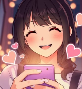 頬を赤らめ、携帯電話を見ながら微笑む若い女性の画像。周囲にはキャンドルとハートが浮かび、アニメ調の雰囲気を醸し出しています。