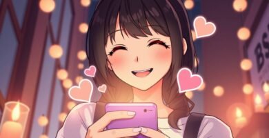 頬を赤らめ、携帯電話を見ながら微笑む若い女性の画像。周囲にはキャンドルとハートが浮かび、アニメ調の雰囲気を醸し出しています。