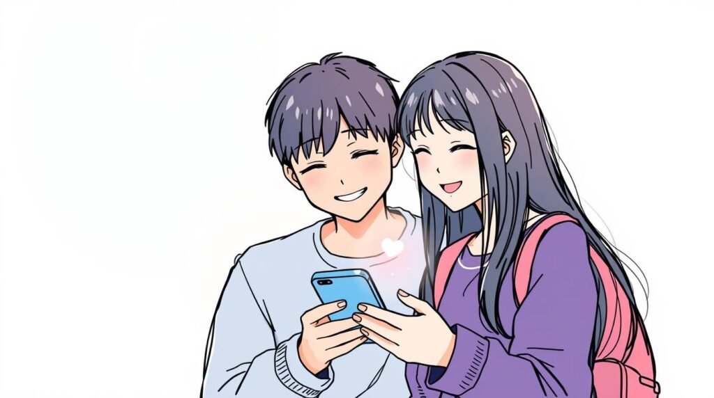 完全に白い背景で携帯電話を使用している笑顔の学生カップルの画像は漫画風です