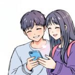 完全に白い背景で携帯電話を使用している笑顔の学生カップルの画像は漫画風です