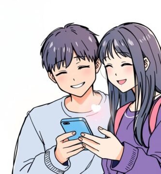 完全に白い背景で携帯電話を使用している笑顔の学生カップルの画像は漫画風です