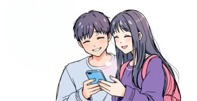 完全に白い背景で携帯電話を使用している笑顔の学生カップルの画像は漫画風です