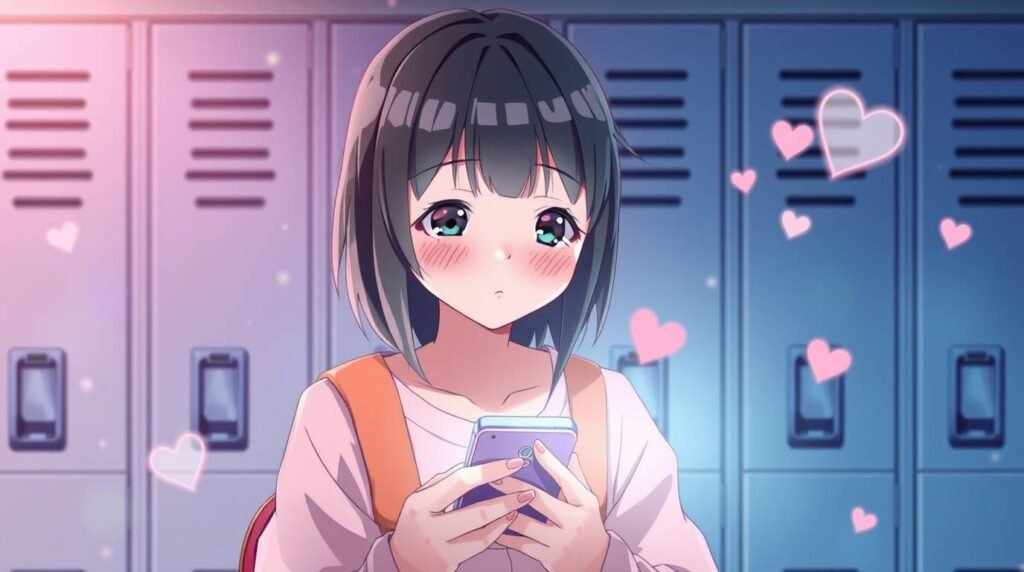 学校内で頬を赤らめて携帯電話をチェックしている若い学生の画像。画像の周りにハートが描かれており、アニメ風である。