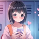 学校内で頬を赤らめて携帯電話をチェックしている若い学生の画像。画像の周りにハートが描かれており、アニメ風である。