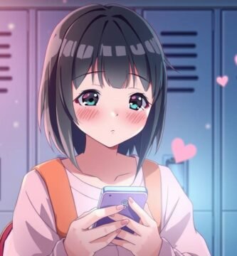 学校内で頬を赤らめて携帯電話をチェックしている若い学生の画像。画像の周りにハートが描かれており、アニメ風である。