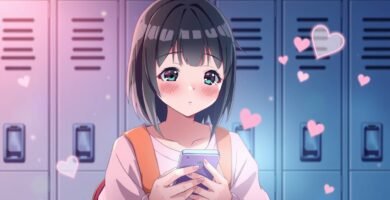 学校内で頬を赤らめて携帯電話をチェックしている若い学生の画像。画像の周りにハートが描かれており、アニメ風である。