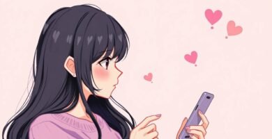 ピンクの背景に、携帯電話を横から見ている若い女性の画像。周囲にハートがあり、漫画風の画像です。