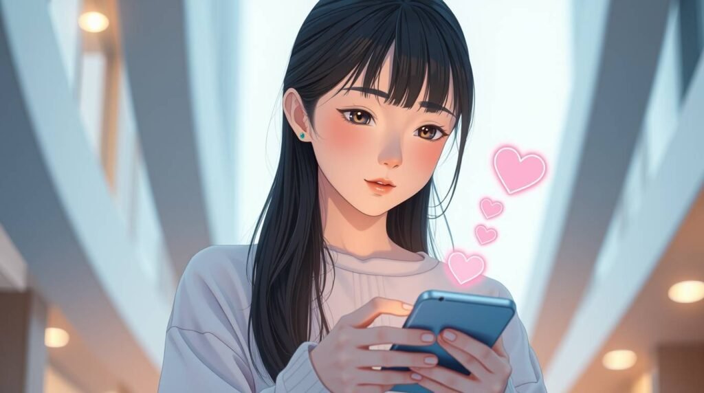 携帯電話を見ている長い髪の女性の画像。携帯電話からピンクのハートが出ており、背景にはショッピングモールがあり、アニメのような雰囲気です。