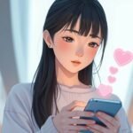 携帯電話を見ている長い髪の女性の画像。携帯電話からピンクのハートが出ており、背景にはショッピングモールがあり、アニメのような雰囲気です。