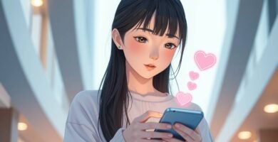 携帯電話を見ている長い髪の女性の画像。携帯電話からピンクのハートが出ており、背景にはショッピングモールがあり、アニメのような雰囲気です。