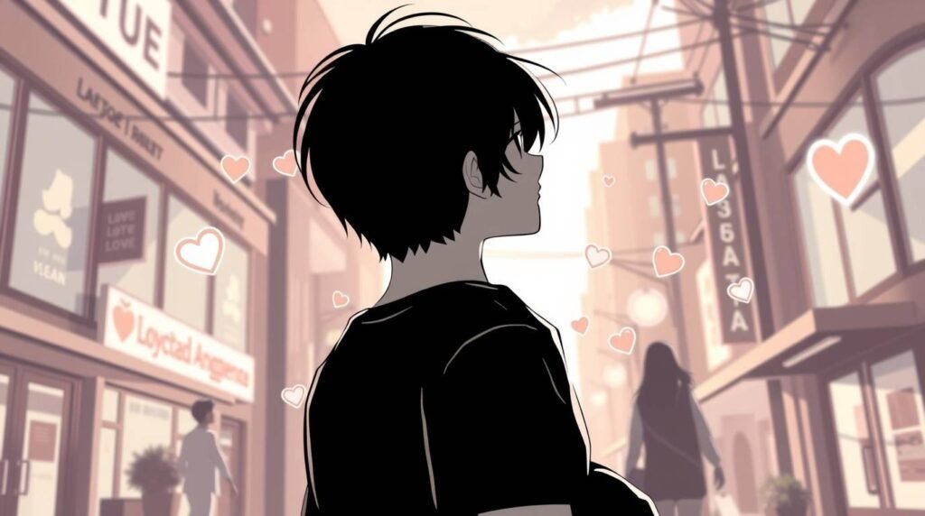 地平線を見つめる若い男性の白黒のクローズアップ画像。背景には左側にハートのついたピンク色の通りの画像があります。