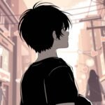 地平線を見つめる若い男性の白黒のクローズアップ画像。背景には左側にハートのついたピンク色の通りの画像があります。