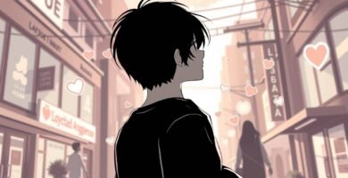 地平線を見つめる若い男性の白黒のクローズアップ画像。背景には左側にハートのついたピンク色の通りの画像があります。