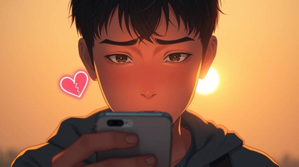 悲しそうな表情で携帯電話をチェックしている若い男性の画像。彼の隣には壊れたハートのシンボルがあり、背景には夕日が映っている。この画像はアニメ風である。