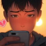 悲しそうな表情で携帯電話をチェックしている若い男性の画像。彼の隣には壊れたハートのシンボルがあり、背景には夕日が映っている。この画像はアニメ風である。