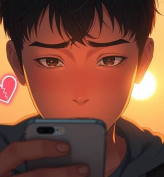 悲しそうな表情で携帯電話をチェックしている若い男性の画像。彼の隣には壊れたハートのシンボルがあり、背景には夕日が映っている。この画像はアニメ風である。