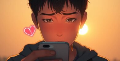 悲しそうな表情で携帯電話をチェックしている若い男性の画像。彼の隣には壊れたハートのシンボルがあり、背景には夕日が映っている。この画像はアニメ風である。