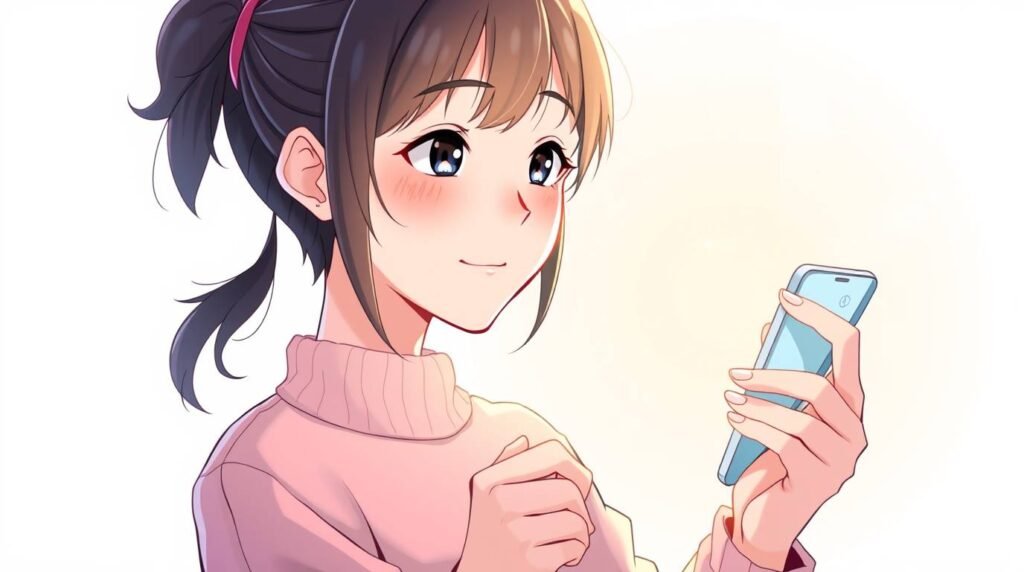 恋に落ちた若い女性が携帯電話を見ている白い背景のアニメ風画像