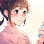 恋に落ちた若い女性が携帯電話を見ている白い背景のアニメ風画像