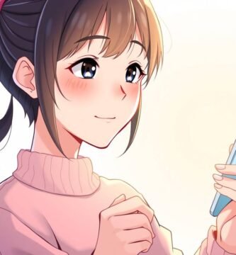 恋に落ちた若い女性が携帯電話を見ている白い背景のアニメ風画像