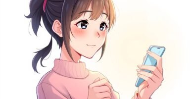 恋に落ちた若い女性が携帯電話を見ている白い背景のアニメ風画像