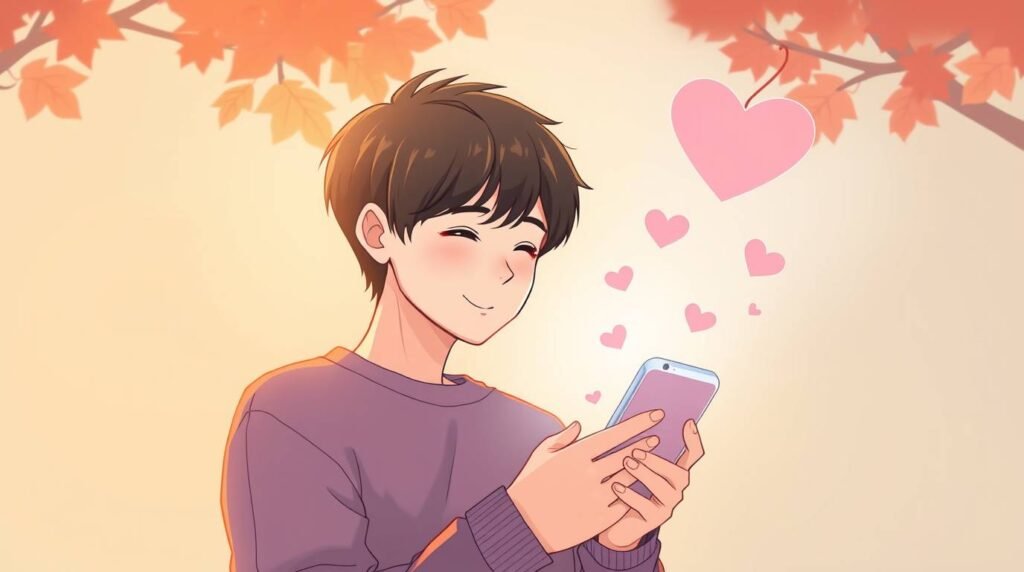 若い男性が目を閉じて携帯電話を見ながら微笑んでいる画像です。彼はピンク色の木の下に立っており、画面にはハートマークが表示されています。漫画風のスタイルです。
