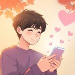 若い男性が目を閉じて携帯電話を見ながら微笑んでいる画像です。彼はピンク色の木の下に立っており、画面にはハートマークが表示されています。漫画風のスタイルです。
