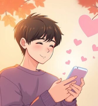 若い男性が目を閉じて携帯電話を見ながら微笑んでいる画像です。彼はピンク色の木の下に立っており、画面にはハートマークが表示されています。漫画風のスタイルです。