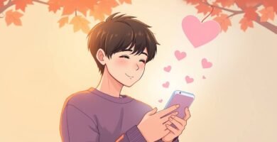 若い男性が目を閉じて携帯電話を見ながら微笑んでいる画像です。彼はピンク色の木の下に立っており、画面にはハートマークが表示されています。漫画風のスタイルです。